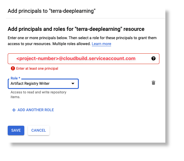 Screenshot of 'Add principals' dialog, adding the Artifact Registry Writer role to the Cloud Build service account.