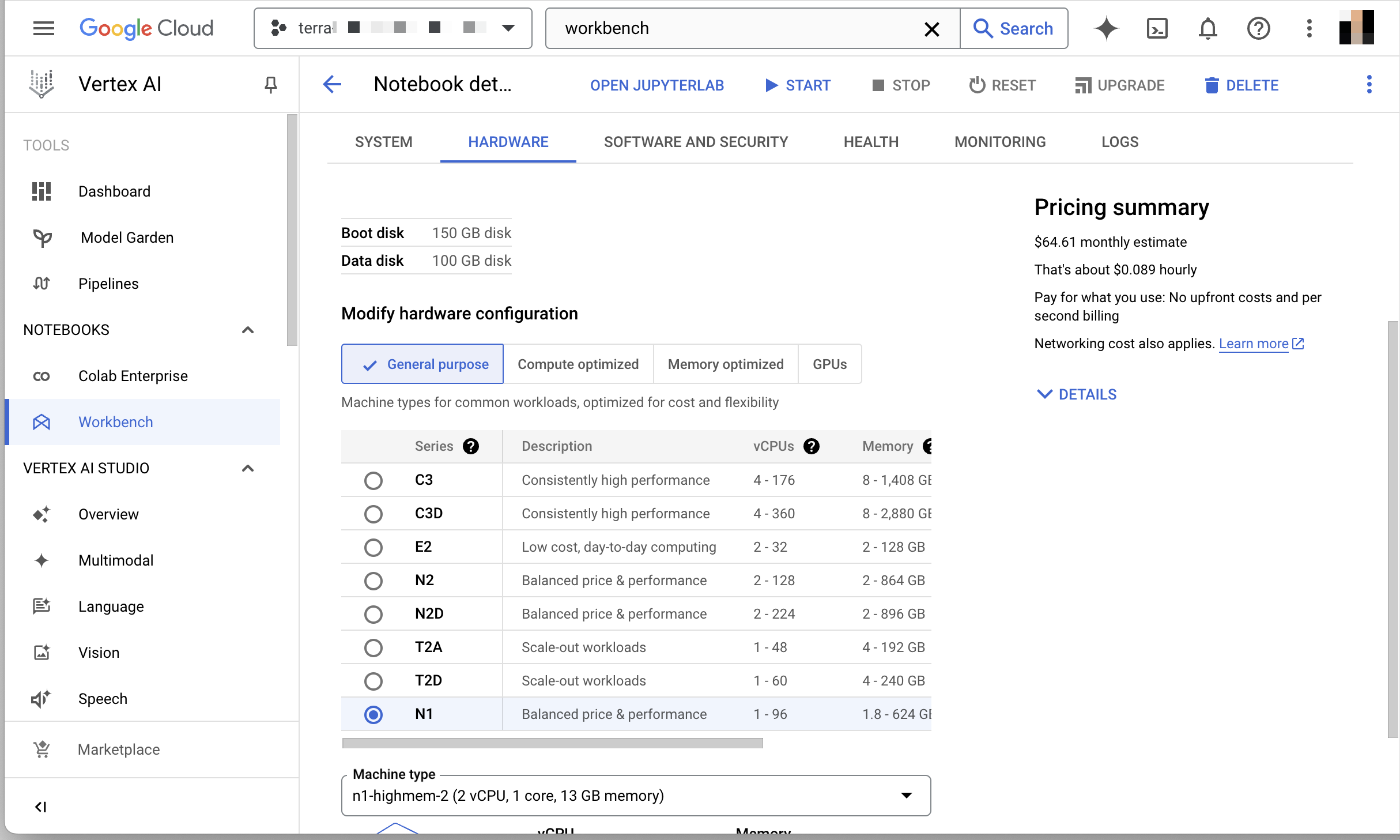 Screenshot of the Hardware tab in Google Cloud console.