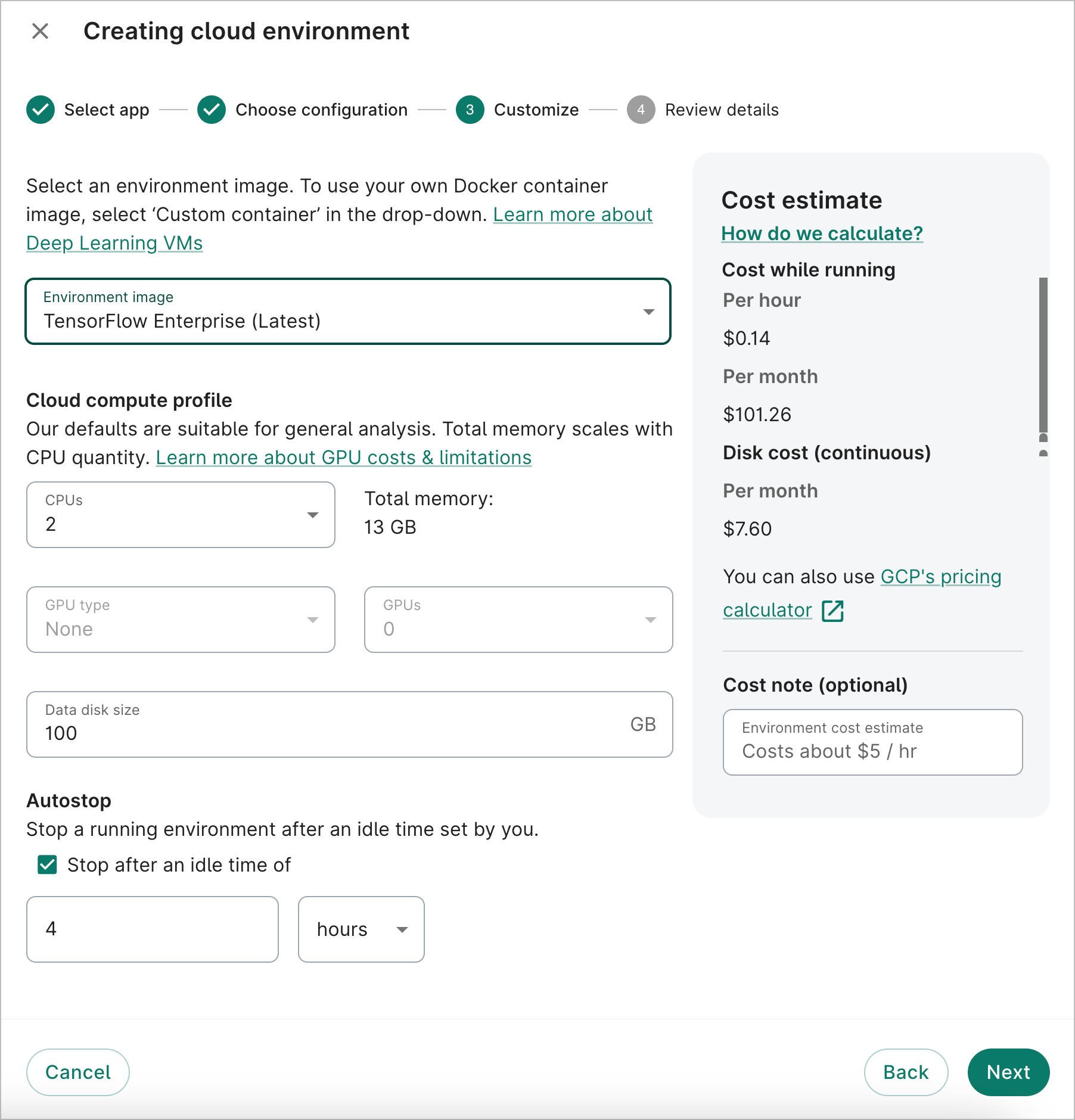 Screenshot of Compute options dialog showing app image options, cloud compute profile, data disk size, and autostop.