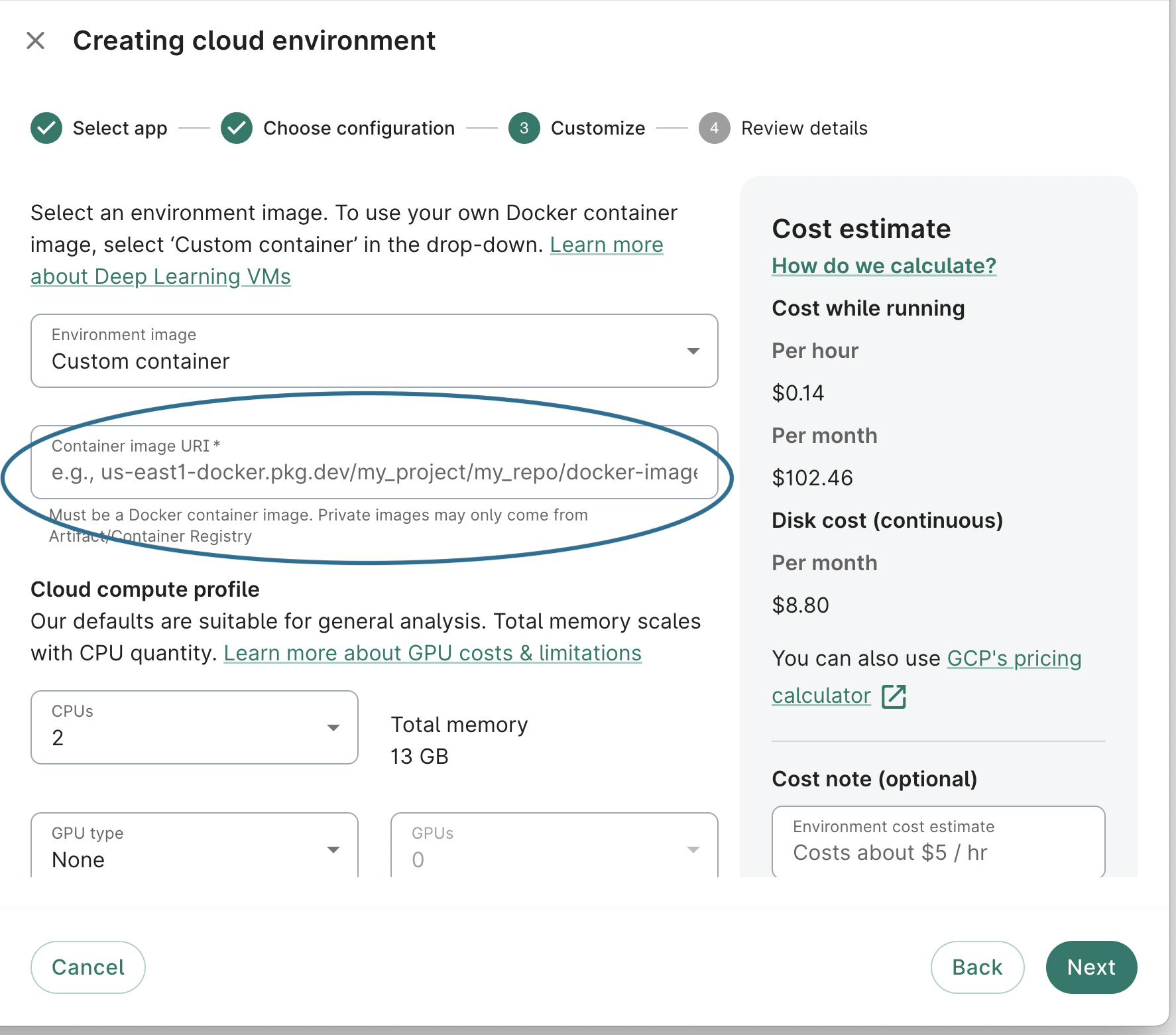 Screenshot of Customize dialog, the third step when creating an app, with 'container image URI' input field highlighted.