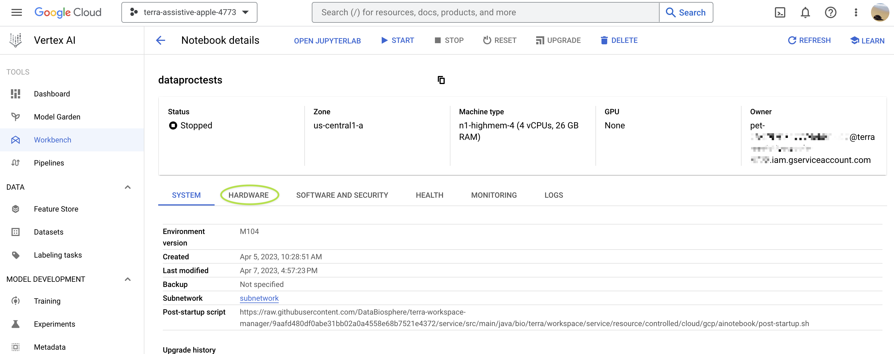 Screenshot of Google Cloud console showing a Workbench app, with HARDWARE tab highlighted.