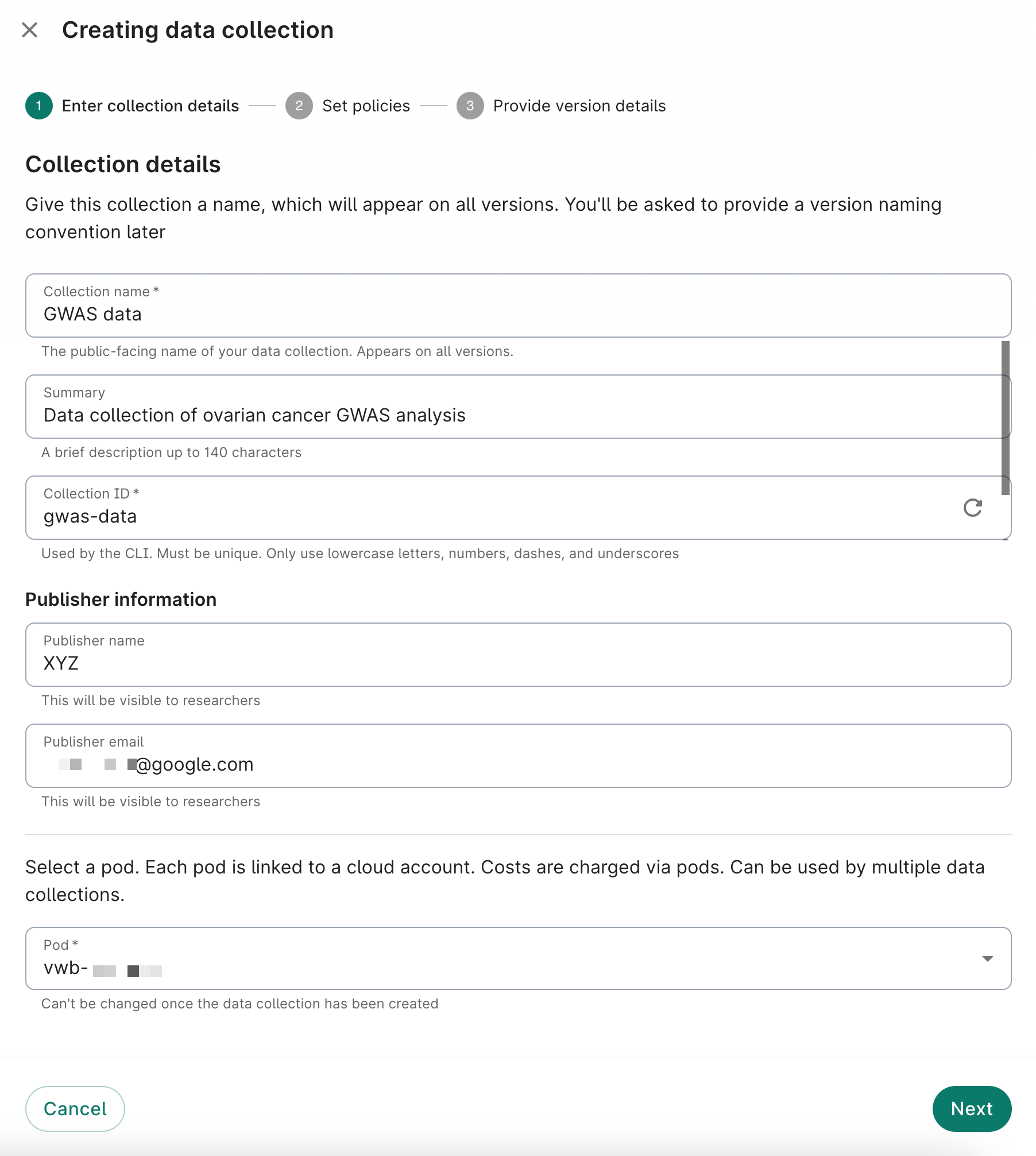 Screenshot of Enter collections detail dialog, the first step when creating a data collection.