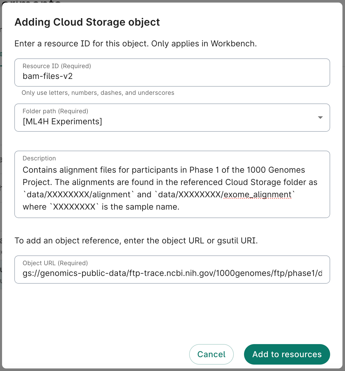 Screenshot of the Adding Cloud Storage object dialog