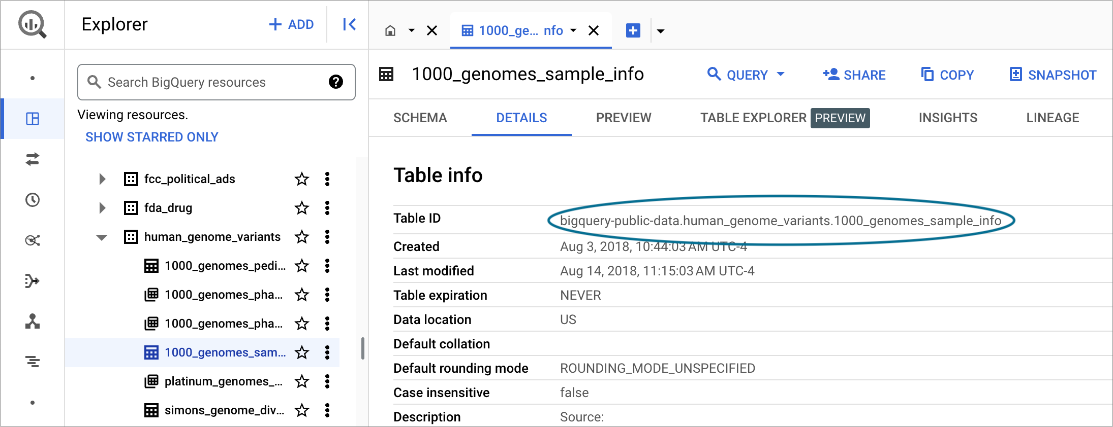 Screenshot of a list of resources with Table ID information highlighted in Google Cloud console.