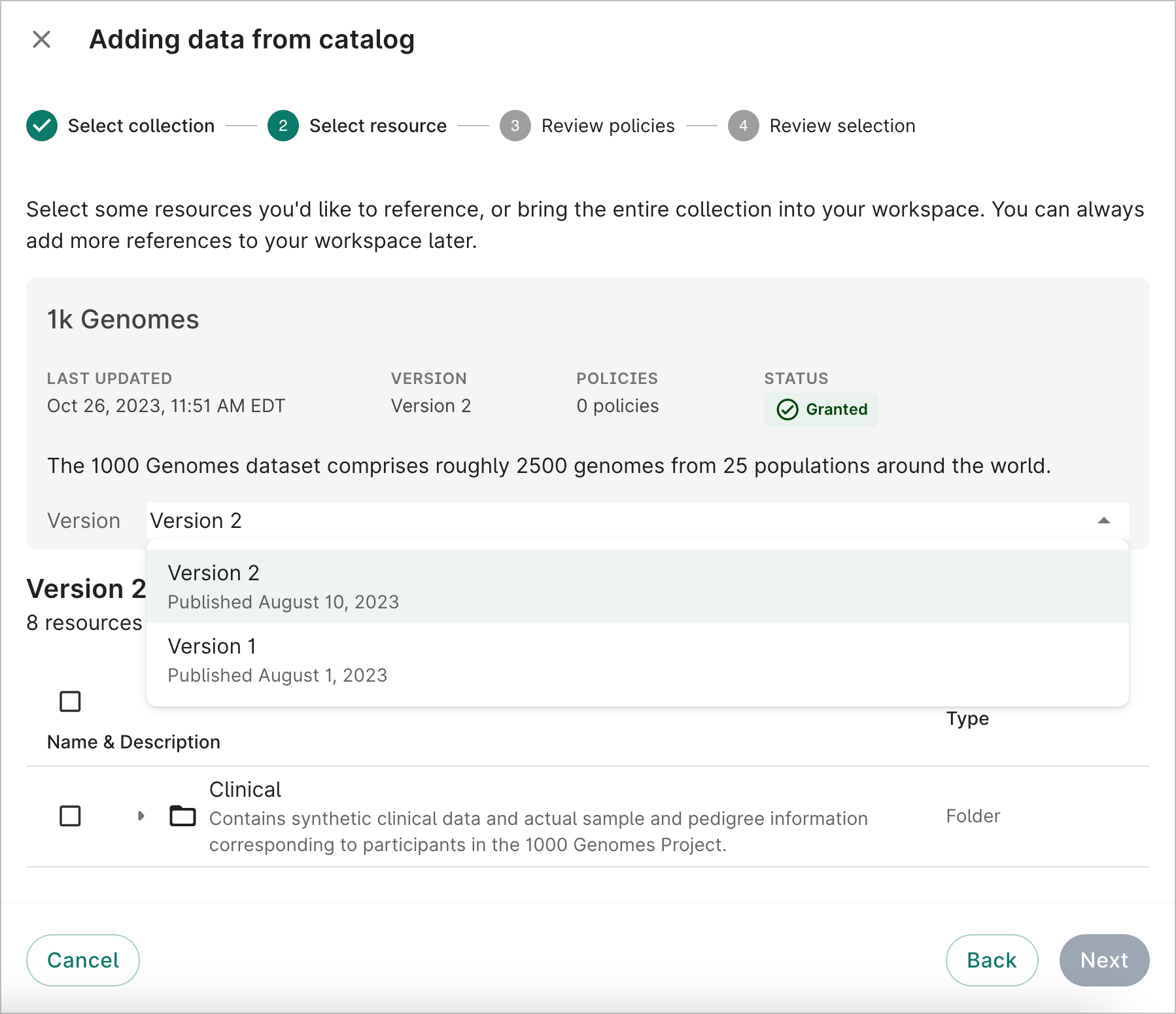 Screenshot of the Select resource dialog, the second step when adding a data collection from the data catalog. It highlights selecting a specific version.