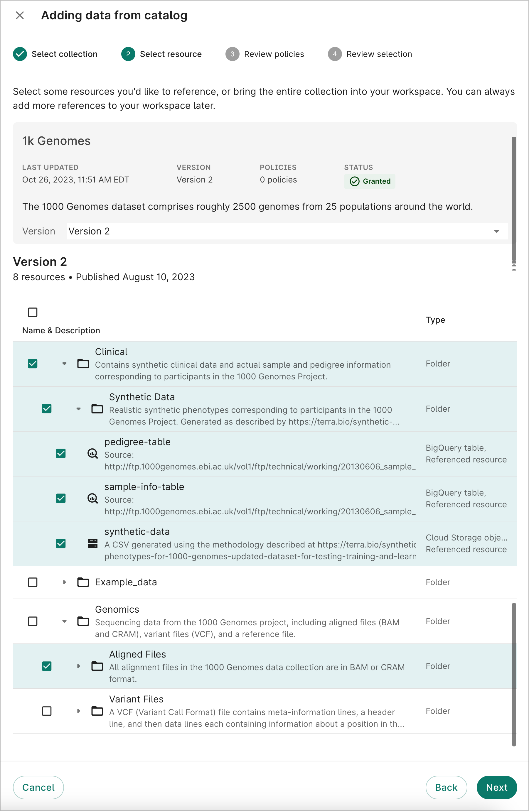 Screenshot of a nested list of resources within a specific data collection version, with certain resources selected for importing.