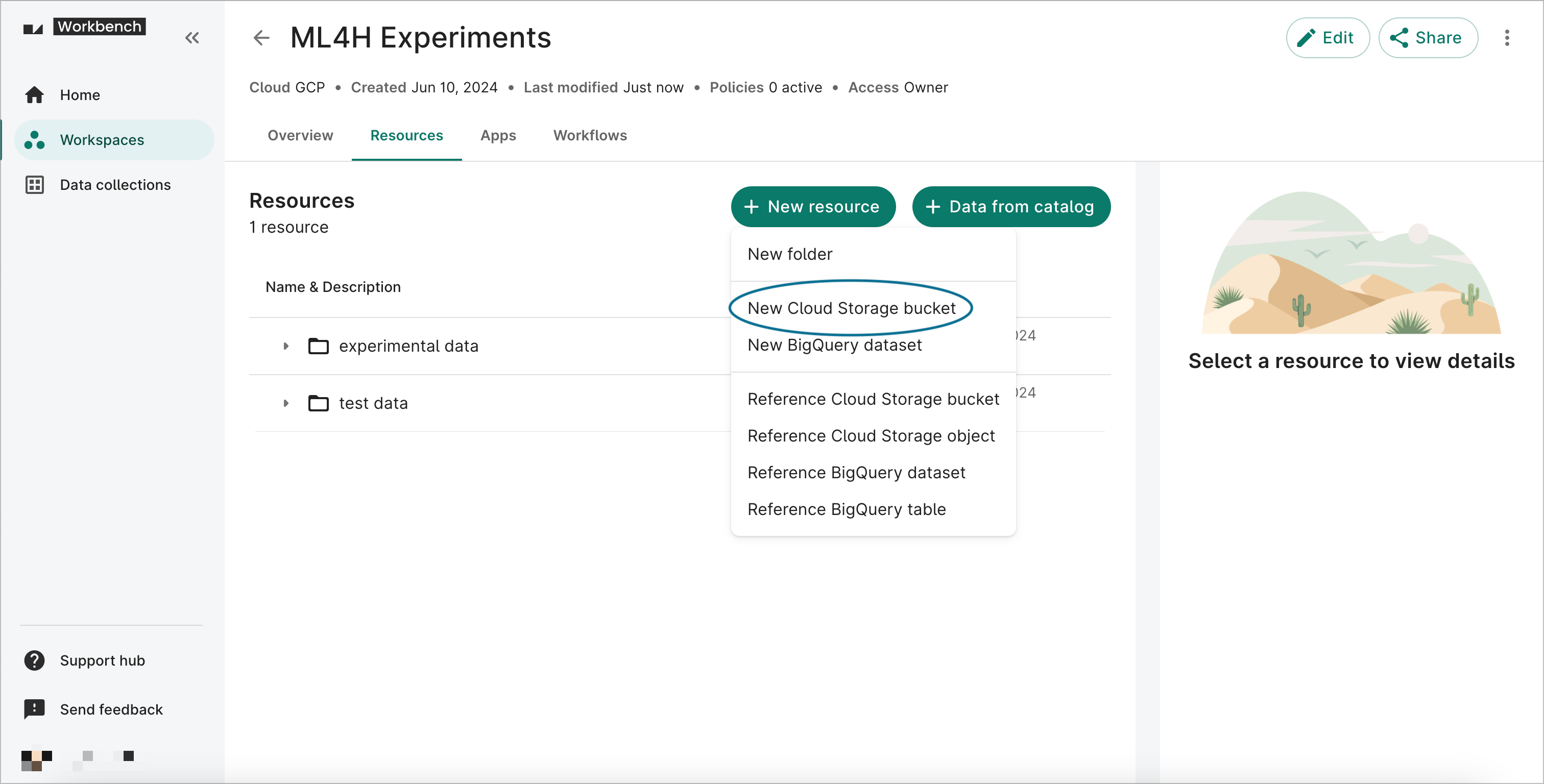 Screenshot of a workspace's Resources page, with the New Cloud Storage bucket option highlighted.