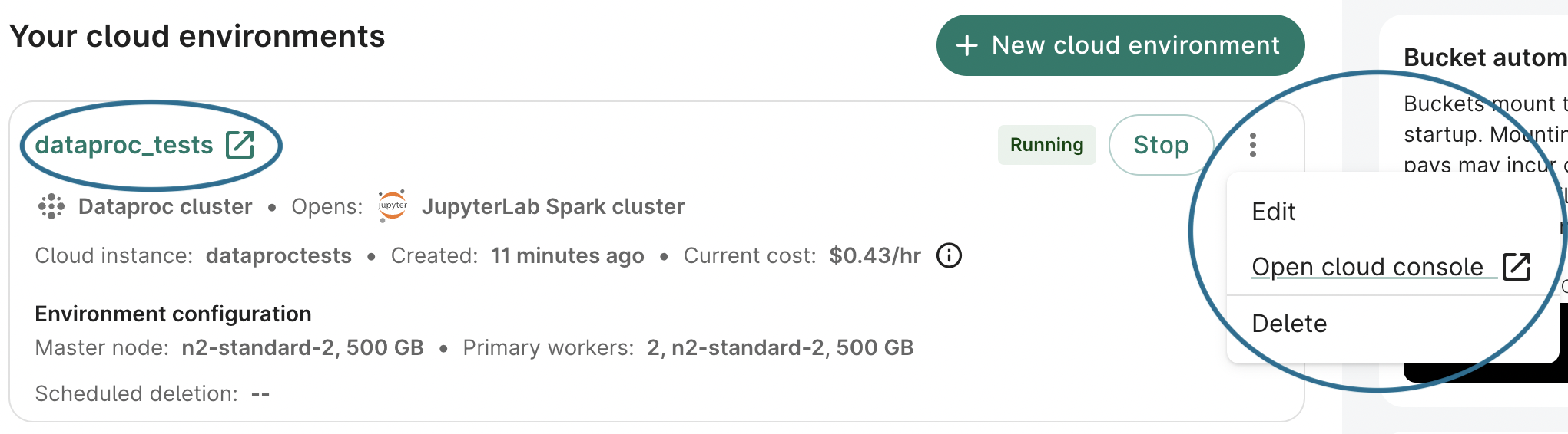 Screenshot of a dataproc_tests app card in the Apps tab, highlighting the cluster's name and the Edit, Open cloud console, and Delete options.