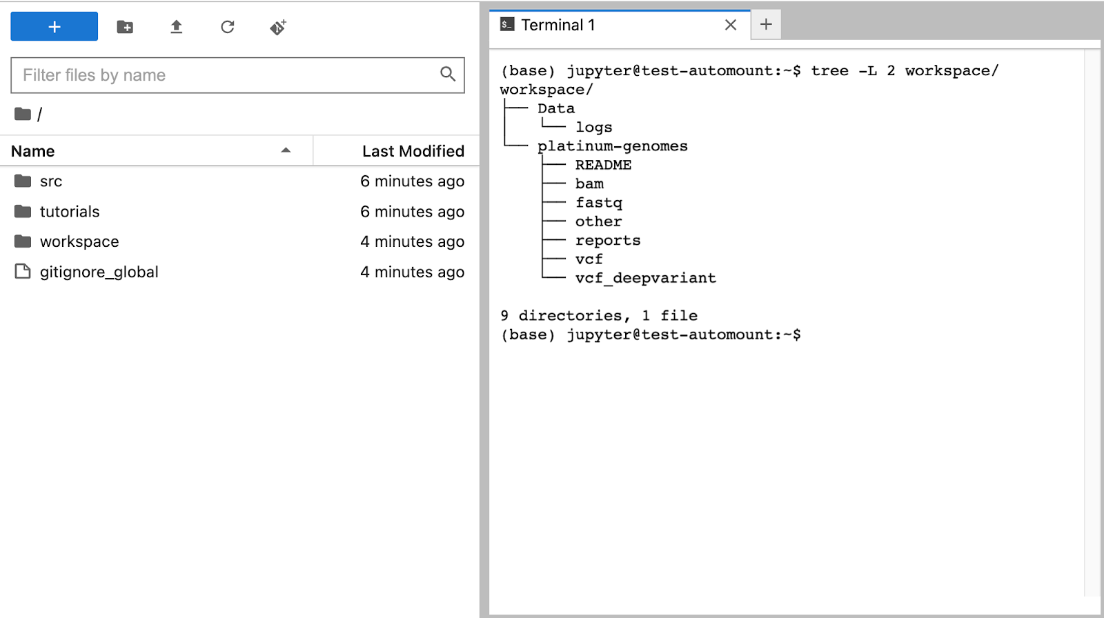 Screenshot of terminal window listing a workspace's resources and the bucket directories.