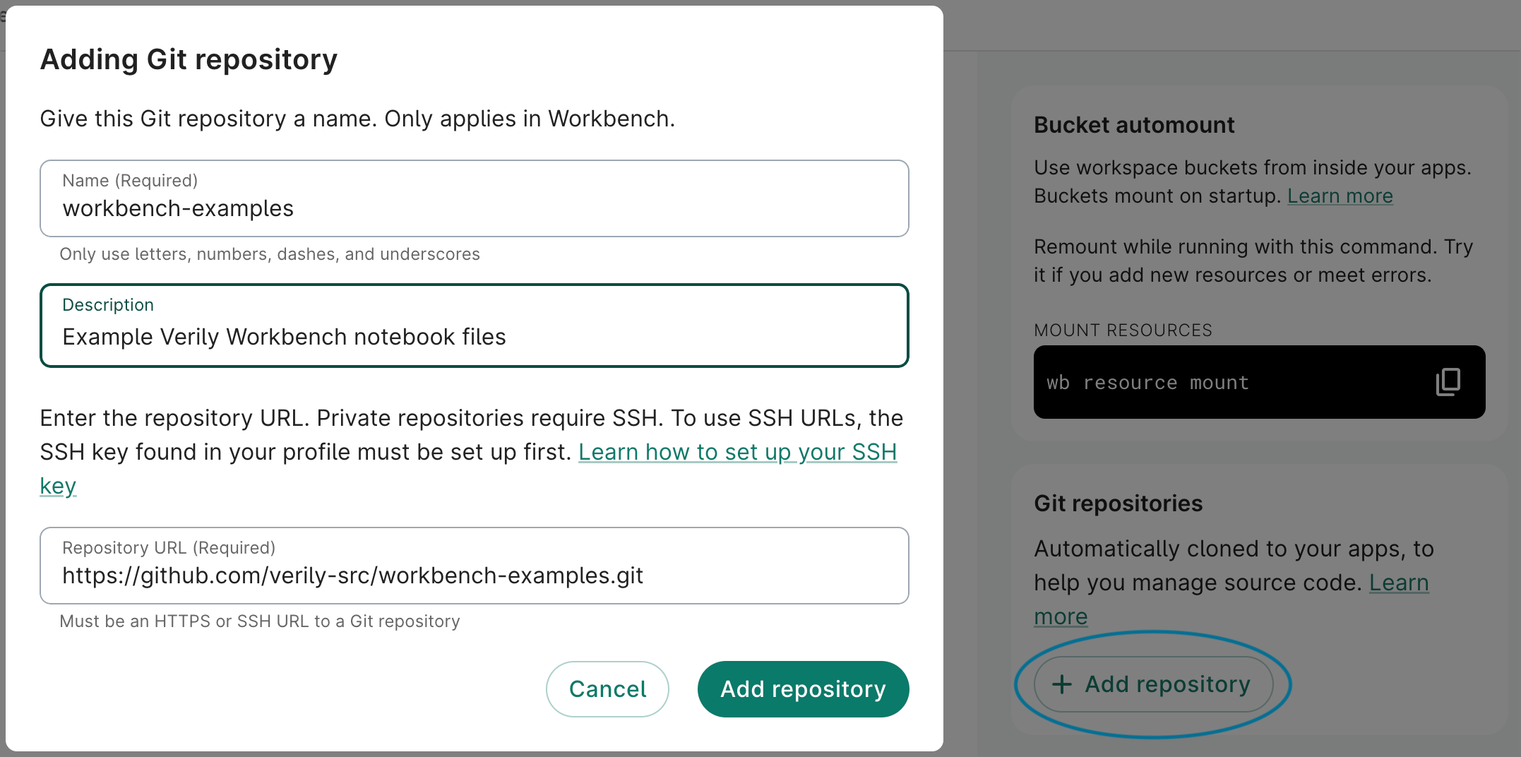 Screenshot of 'Adding Git repository' dialog, with 'Add repository' button highlighted on a workspace's Apps page.