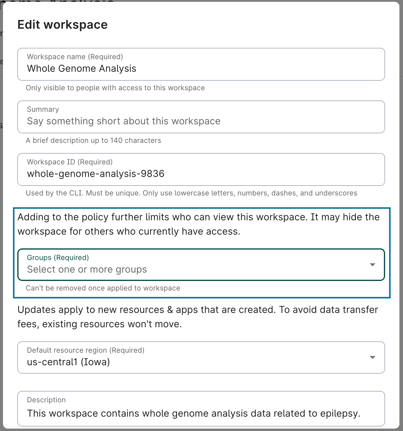 Screenshot of a group name being added to a policy after a workspace has been created.