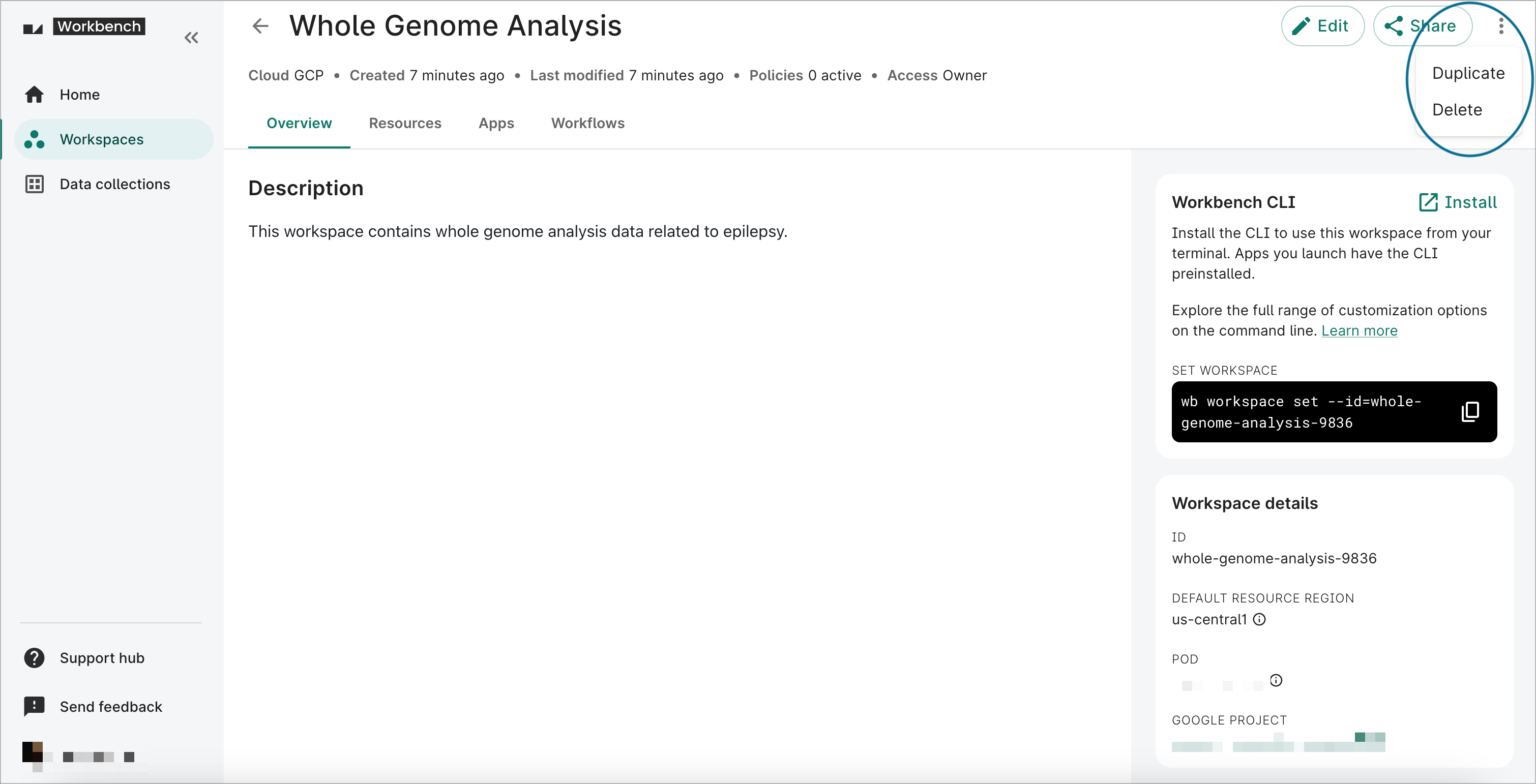 Screenshot of a detailed workspace view page, with Share, Duplicate, and Delete buttons highlighted.