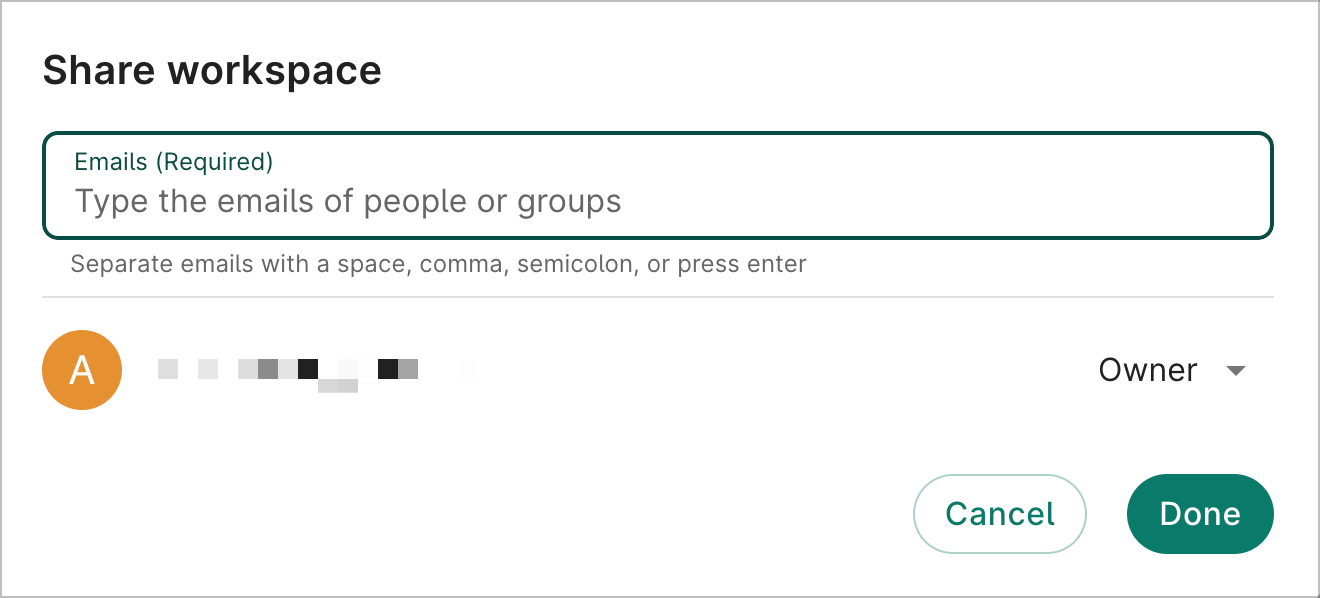 Screenshot of Share workspace dialog showing email input field and list of users with access to the workspace.